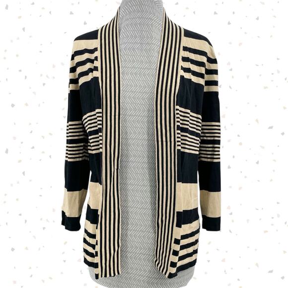 Cable & Gauge Sweaters - Cable & Gauge Black Camel Striped Cardigan Open Front Sweater Silk Blend Size M